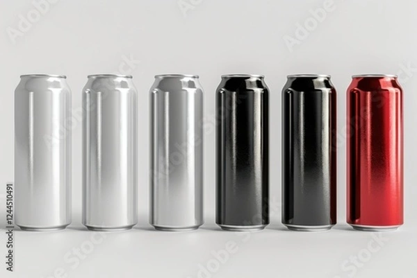 Fototapeta Set of 3D aluminum slim cans in silver, white, black, and red, arranged on a white background, perfect for beer can mockup templates