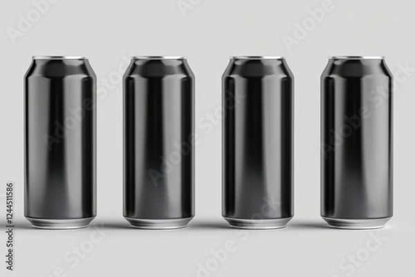 Fototapeta Set of 3D vector illustrations of black aluminum soft drink cans, isolated on a white background, modern and sleek design