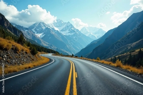 Fototapeta Empty asphalt road curves through majestic mountains , range, highway