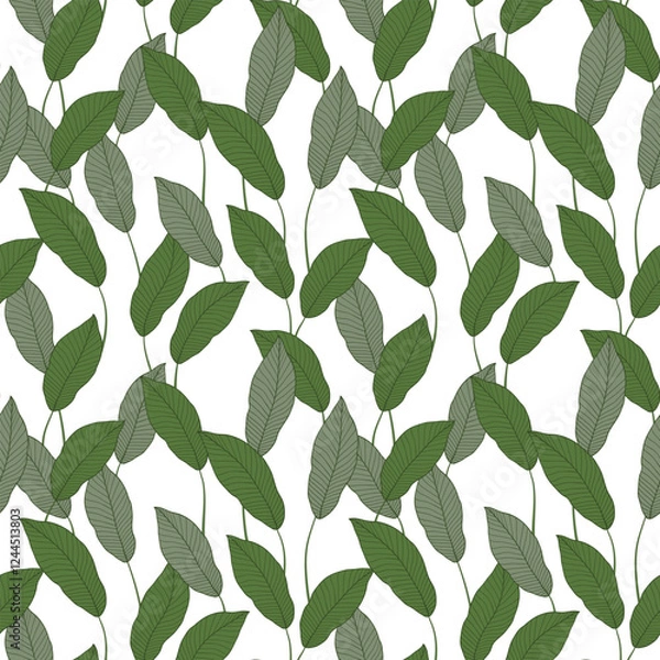 Fototapeta Seamless botanical design pattern with leaves and branches. Tropical seamless pattern with palm leaves, charming green wallpaper, for print, fabric, decor, background