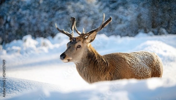 Fototapeta Enchanting Moment A Majestic Stag Frolics in a Tranquil Winter Wonderland, Surrounded by Pristine Snow and the Peaceful Stillness of an Early Morning