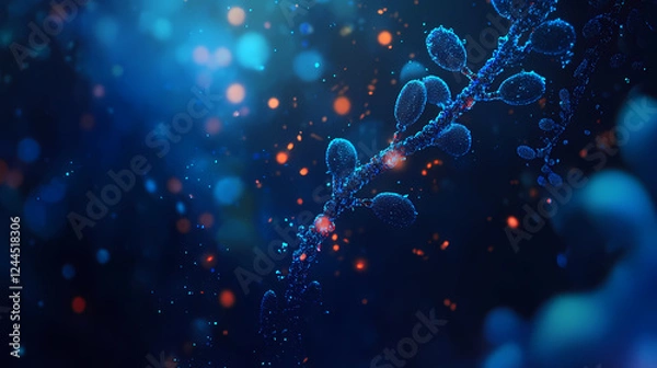 Fototapeta Glowing dna strand amidst blue particles, a vibrant depiction of lifes essence, intertwining science and art in a captivating visual narrative. Narrative Sequences. Illustration