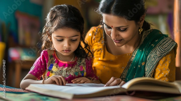 Fototapeta Homeschooling Indian mother guiding daughter while reading, sharing educational moment in comfortable home learning setting