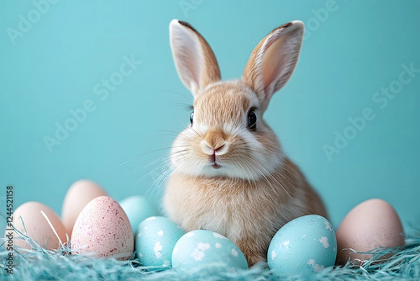 Obraz cute easter bunny with pastel decorated eggs on turquoise background
