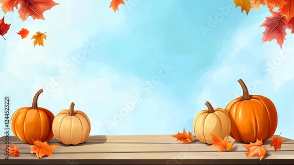 Fototapeta  Autumn Warmth: Maple Leaves and Pumpkins on a Rustic Table

