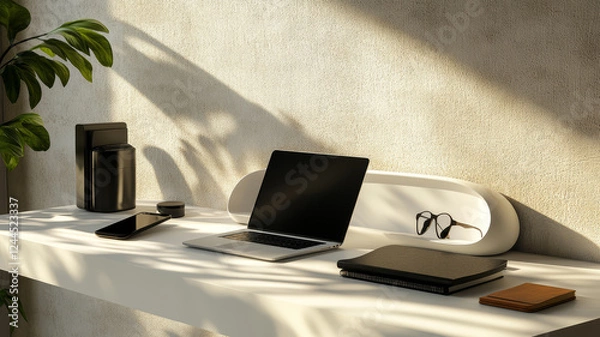 Fototapeta Modern white desk work table with laptop, smartphone, earphone, notebook for home office work.