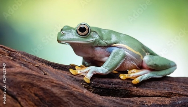 Fototapeta Enchanting CloseUp of a Dumpy Tree Frog, Perched on WildlifeFilled Branch, Exhibiting Bright Green Camouflage and Vibrant Eyes, Capturing the Mystique of the Tropical Rainforest.