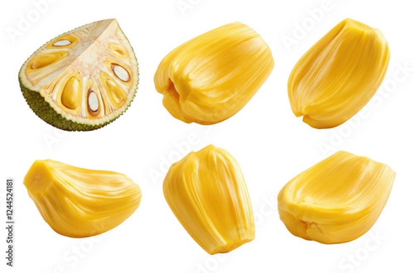 Fototapeta Fresh jackfruit pieces and one segment isolated on transparent background