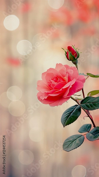 Obraz This is a detailed closeup image showcasing a beautiful pink rose complemented by lush green leaves that frame it elegantly, copy space