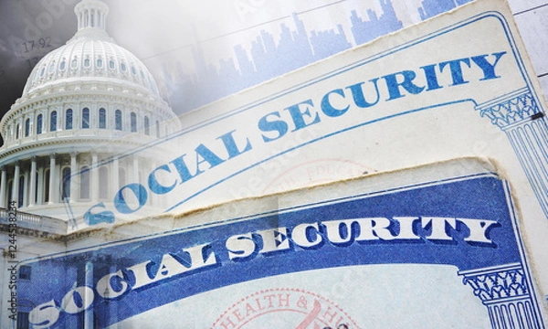 Obraz Social Security cards and US Capitol dome with payment chart