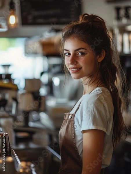 Fototapeta A young woman with brown hair and a ponytail stands behind the counter of a coffee shop, smiling at the camera. She is wearing an apron and has her hand on her hip. The coffee shop has a warm and