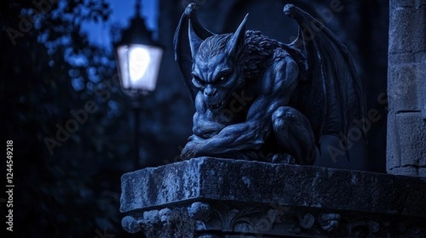 Fototapeta Grotesque Gargoyle Statue Perched Atop Stonework At Night