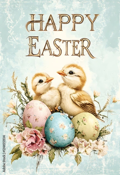 Obraz vintage easter illustration with baby chicks and floral decorated eggs on textured background