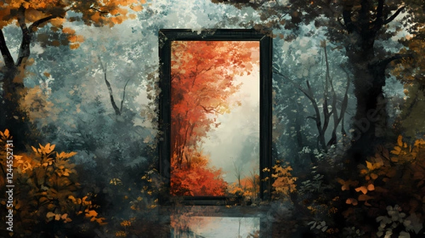 Fototapeta Mirror in a forest reflecting a different season with gentle daylight, contrasting worlds symbolizing hidden realities. Hidden Worlds. Illustration