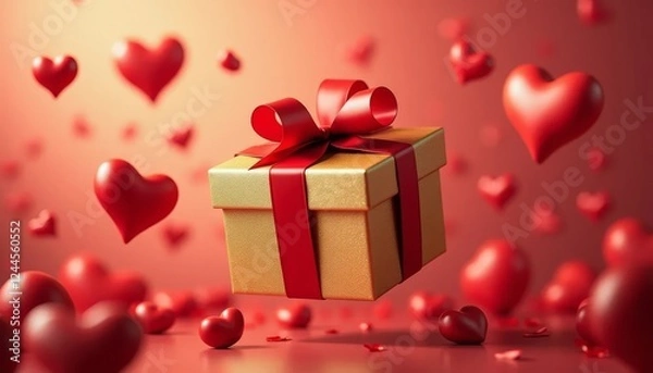 Fototapeta Gift box with red hearts on red background on valentine day