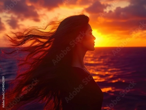 Fototapeta A stunning sunset image featuring a woman's silhouette gazing into the horizon, set against an expansive ocean scene under the warm glow of the sun. The photo captures the tranquility and beauty of