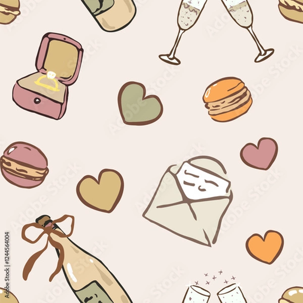 Obraz Pattern with elegant beige elements. Hand drawn, isolated, vector. Bow, letter, envelope, ring, glasses, harts.