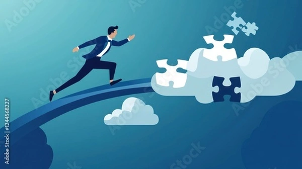 Fototapeta Businessman running puzzle bridge, solving problems, cloud background, business concept