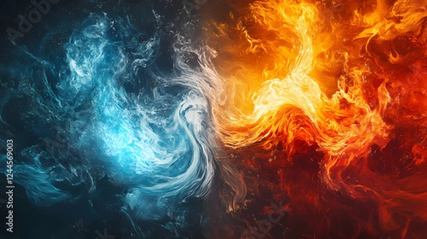 Fototapeta A vivid depiction of fire and water merging, showcasing dynamic swirls and contrasting colors, symbolizing elemental forces in harmony and conflict. Elemental Forces. Illustration