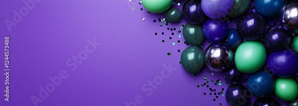 Fototapeta A purple background adorned with dark blue and green balloons for Mardi Gras, with space in the center for text. The web banner includes copy space on the right side.