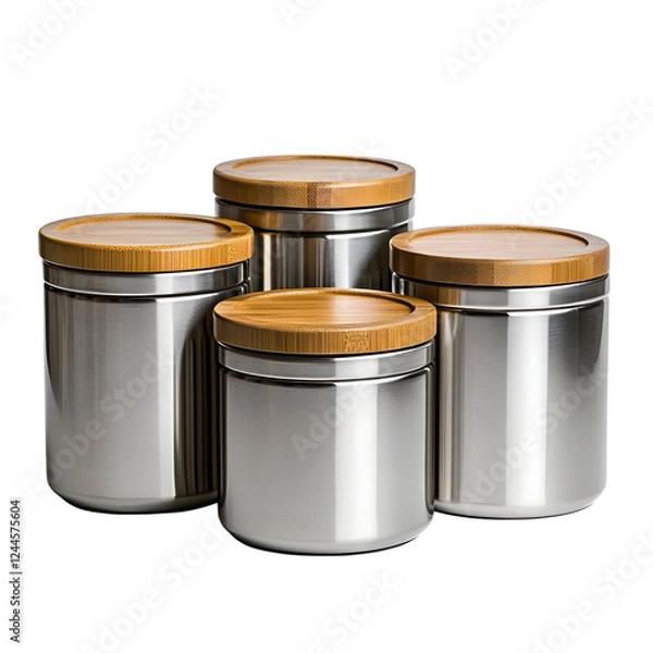 Obraz Stainless Steel Kitchen Canisters with Bamboo Lids Isolated on Transparent Background