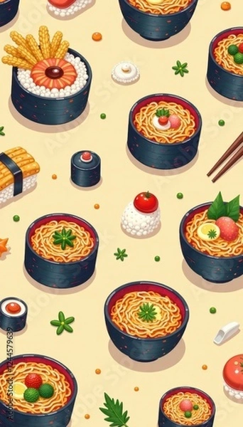 Fototapeta Cute cartoon sushi, ramen, tempura repeat pattern, sushi, print