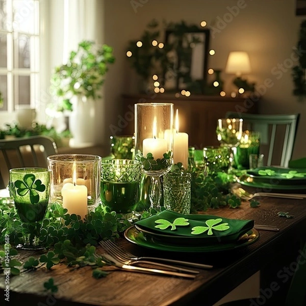 Fototapeta Dining table decorated for st. Patrick's day with candles and shamrocks.