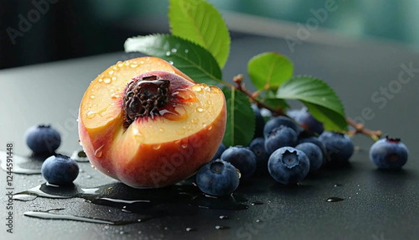 Fototapeta A single, perfectly ripe peach with a glistening water droplet, sliced open to reveal its vivid, jui