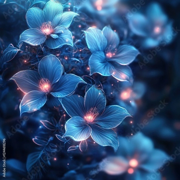 Fototapeta Glowing Blue Flowers Bloom Mysteriously in Night Garden, Illuminated Petals with Magic, Enchanting Flora in Dark Setting