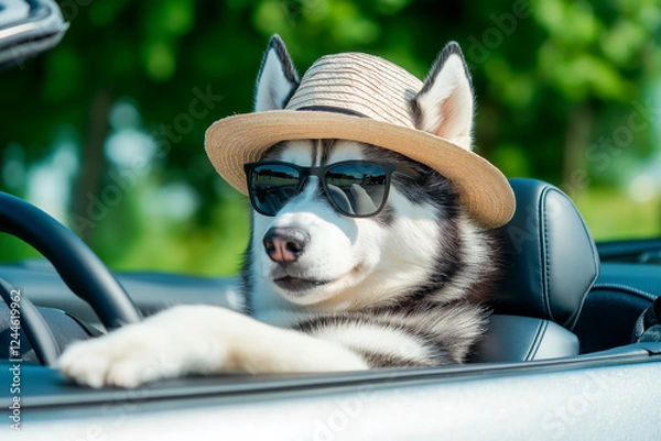 Fototapeta Siberian husky dog in sunglasses and a straw hat driving a convertible car