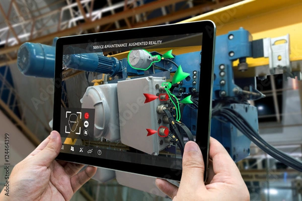 Fototapeta Industrial 4.0, koncepcja rzeczywistości rozszerzonej. Dłoń trzymająca tablet z usługą AR, aplikacją konserwacyjną i wzywającym technika do kontroli niszczy część inteligentnej maszyny w tle inteligentnej fabryki