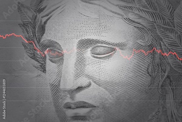 Obraz esfinge do real em preto e branco com gráfico caindo