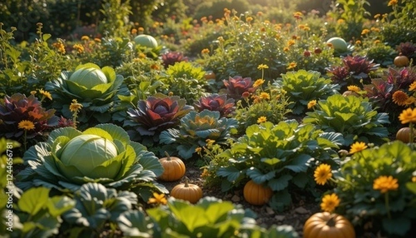 Fototapeta Vibrant organic vegetable field at sunset with various fresh vegetables growing in a lush green landscape