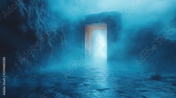 Fototapeta Mystical cave portal, glowing, fantasy background, game design