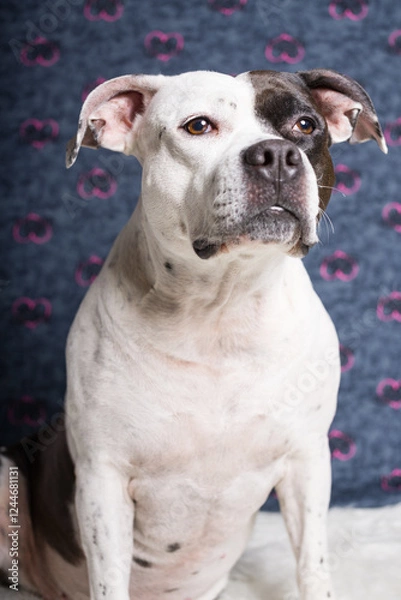 Fototapeta A black and white dog on a background of hearts with a bouquet of flowers, the concept of March 8th and Valentine's Day. Dog Greeting Card