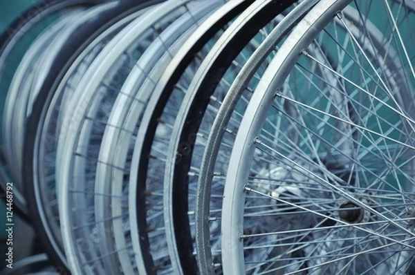Fototapeta Bicycle wheels at the bike repair shop