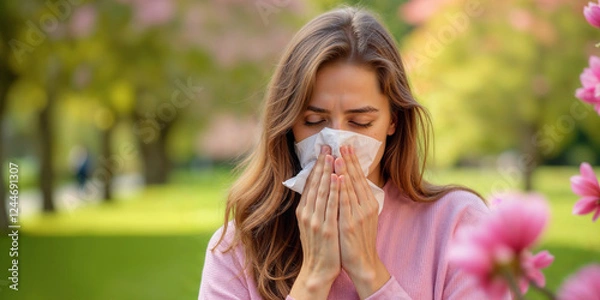 Fototapeta Woman with allergies uses tissue in front of blossoming spring trees. The concept is of allergies, hay fever, spring, and health issues. Suitable for health, medical, and seasonal content.