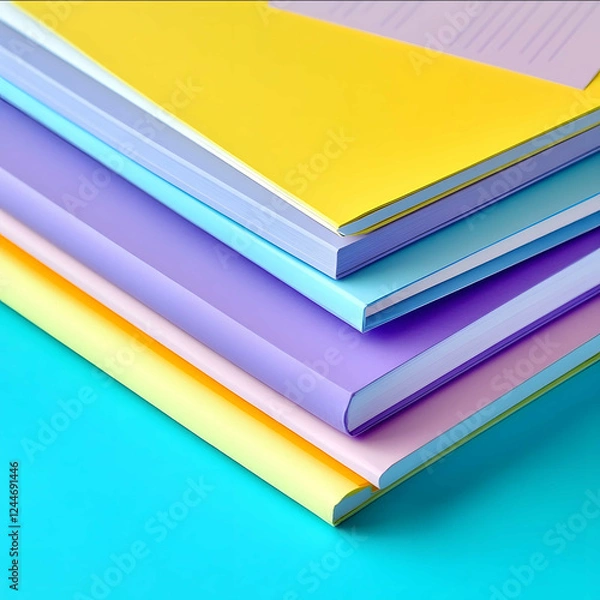 Fototapeta Closeup of a stack of office white paper several notebooks stickers calendars neatly laid out on the table turquoise yellow lavender graphite colors on a monoch