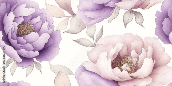Obraz Vector Seamless pastel floral pattern with peony flowers on white summer background, watercolor. Template design for textiles, interior, clothes, wallpaper. Botanical art