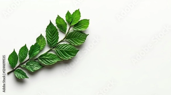 Fototapeta Green Branch With Small Leaves On White Background