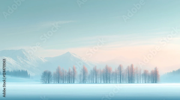 Fototapeta Minimalistic landscape of a frozen lake with snow-capped trees, mountains and a space to copy
