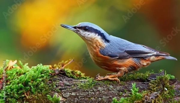 Obraz Vivid Vireo Amidst an Enchanting Forest Canopy, Early Morning Light Dappling through Emerald Leaves as the Playful Nuthatch Explores its Lush Natural Abode.