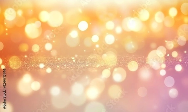 Obraz Abstract golden bokeh lights with soft gradient background in yellow and pastel tones. Blurred festive design concept for card, wallpaper, and poster design.