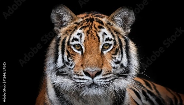 Fototapeta Vibrant and Regal Striped Tiger Gazes Intently against a Dark Backdrop, Showcasing an Aweinspiring Feline Majesty.