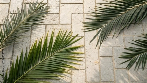 Obraz Palm leaves scattered on a textured stone or concrete surface creating a sense of contrast and visual interest, textured, outdoors, palm leaves, urban