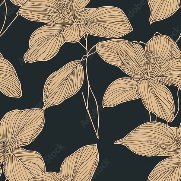 Obraz Elegant seamless floral pattern. Wavy vector abstract background. Stylish modern monochrome linear texture.