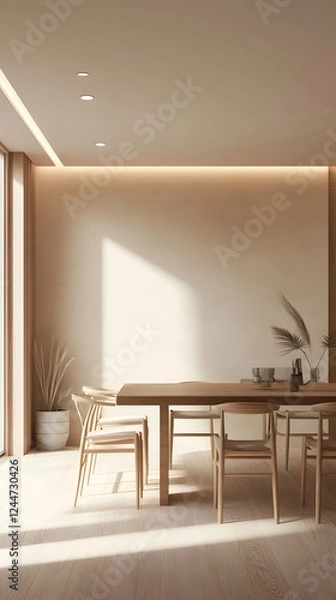 Fototapeta Elegant Minimalist Dining Room with Natural Light and Wooden Furniture