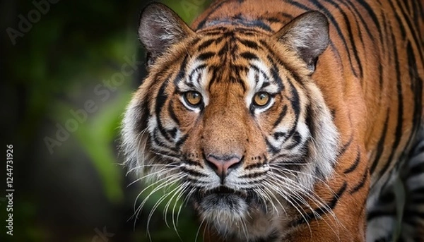 Obraz Powerful Sumatran Tiger Approaching Camera in the Heart of the Jungle, Displaying Majesty and Grace with Mesmerizing Eyes, Showcasing Vibrant Green Flora and Wildlife in a Mystical Landscape.