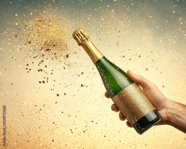 Obraz A hand holds a champagne bottle, sparkling with golden confetti in the background, celebrating a joyous occasion.