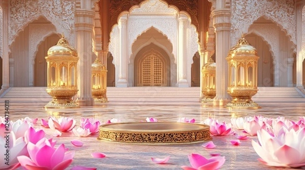 Fototapeta  Gold Podium with Lotus Petals and Lanterns in an Indian Palace Royal Archway Courtyard. Copy space. Generative AI